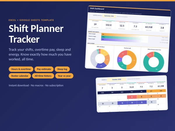 Shift Planner Tracker | Excel & Google Sheets Template for Shift Workers