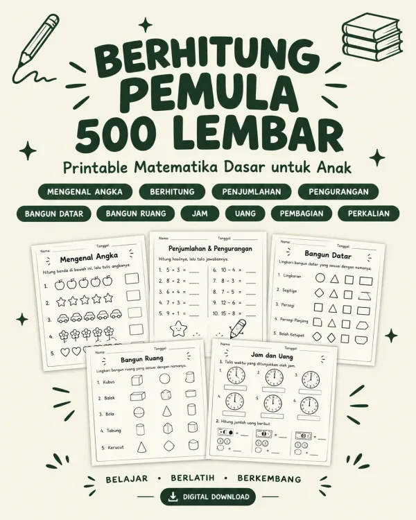 Berhitung Pemula hingga 500 Lembar – Printable Matematika Dasar Anak