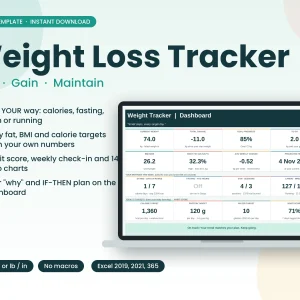 Weight Loss Tracker Excel Spreadsheet, Calorie Fasting Gym Running Habit Tracker, Body Fat BMI Dashboard, Instant Download