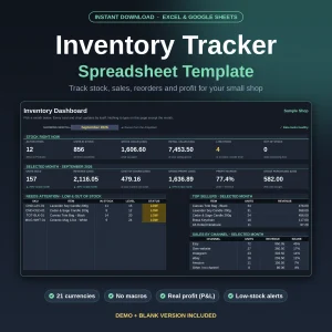 Inventory Tracker Spreadsheet, Excel and Google Sheets Template for Small Business Stock, Sales, Reorder and Profit, Instant Download